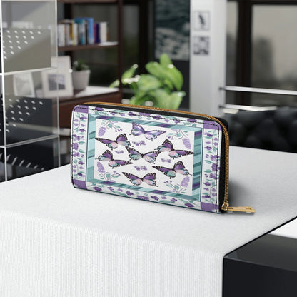 Glänzende Leder Clutch mit Trageriemen, Lila Schmetterling &amp; Blumen