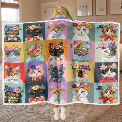 Couverture à capuche portable brillante - Motif floral et chat