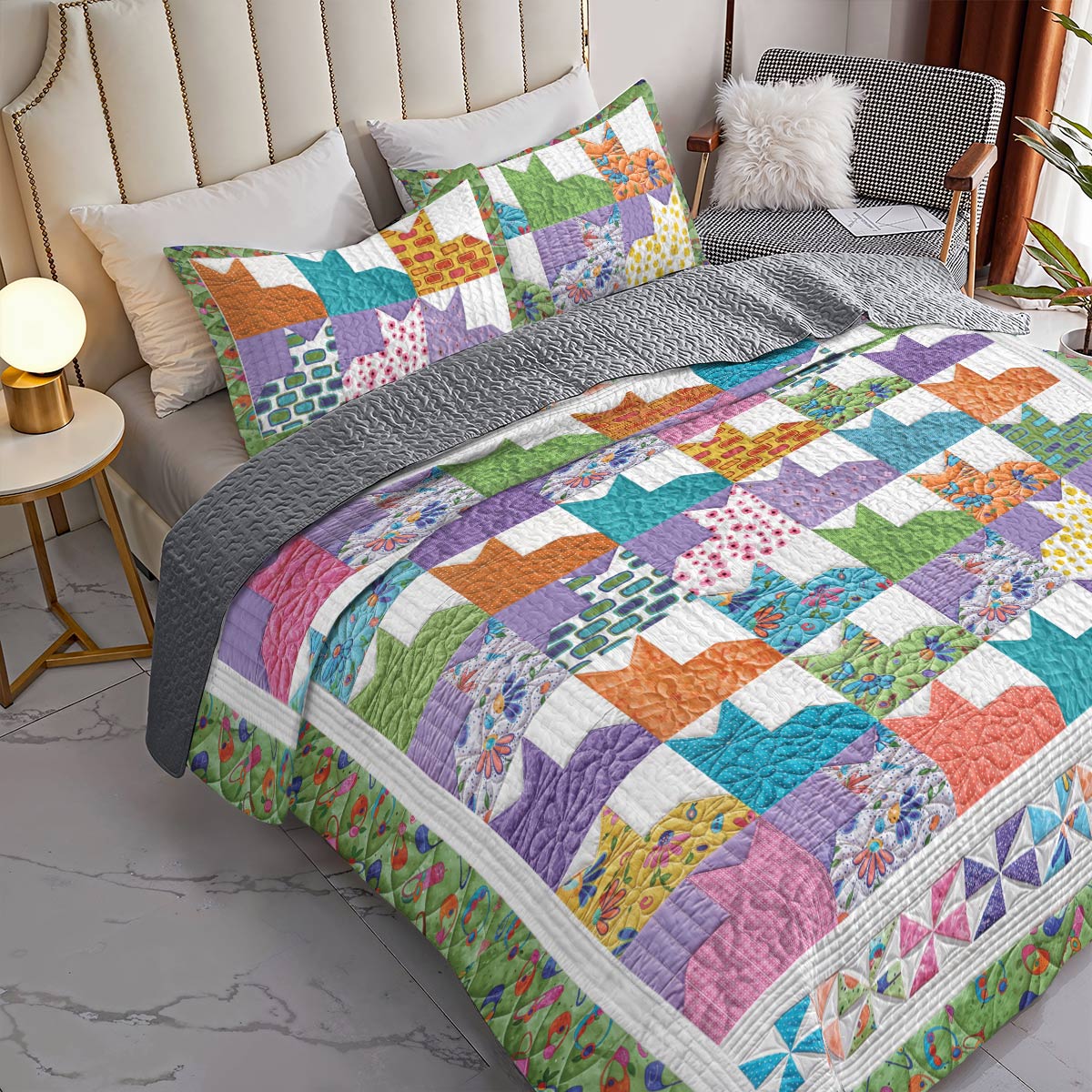 Shineful All Season Quilt 3-Piece Set Colorful Cats