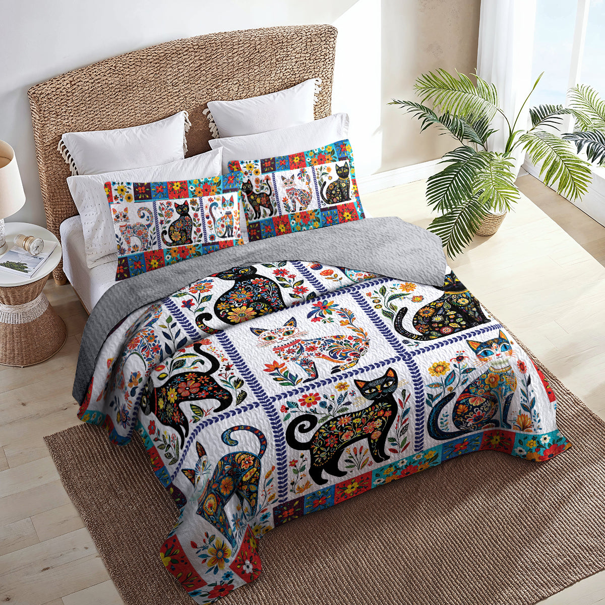 Glänzendes 3-teiliges Quilt-Set für alle Jahreszeiten – Folk Art Feline Quilt