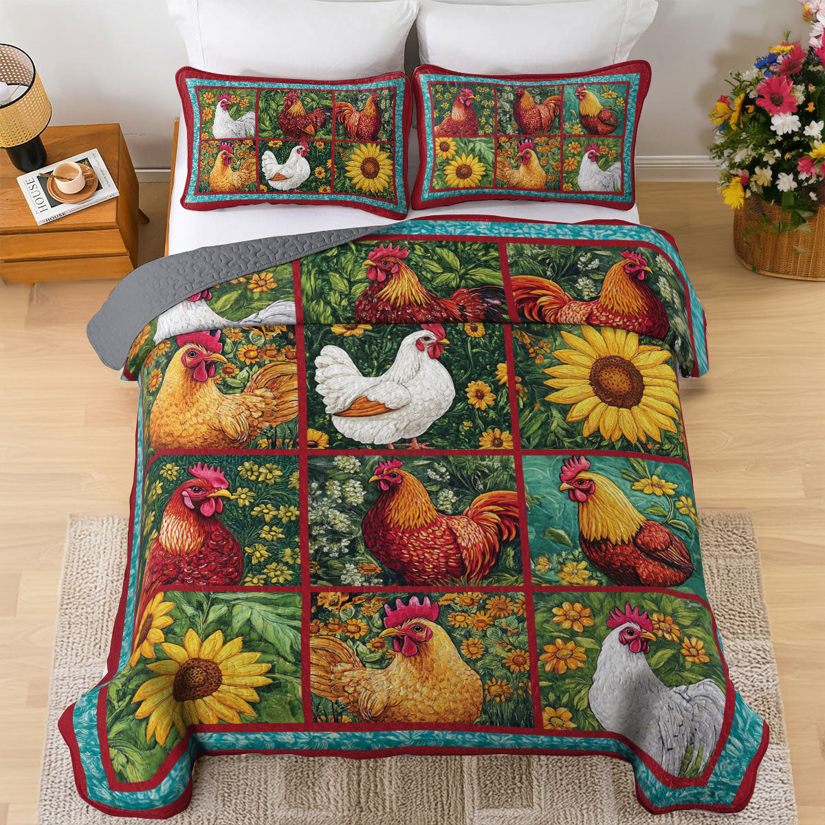 Shineful All Season Quilt 3-Piece Set Sunflower Chicken