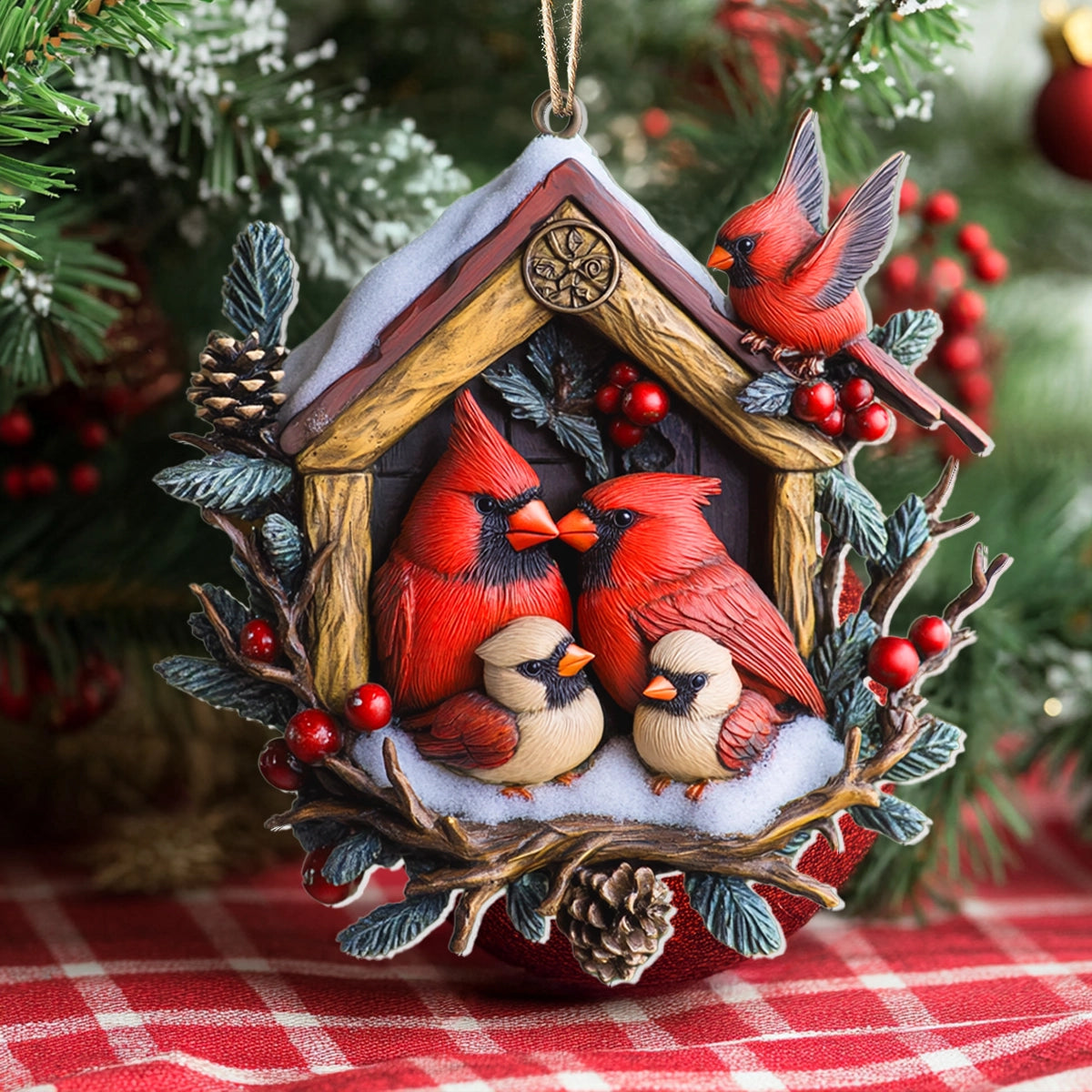 Shineful 2D Acrylic Ornament - Cardinal Family Snuggle