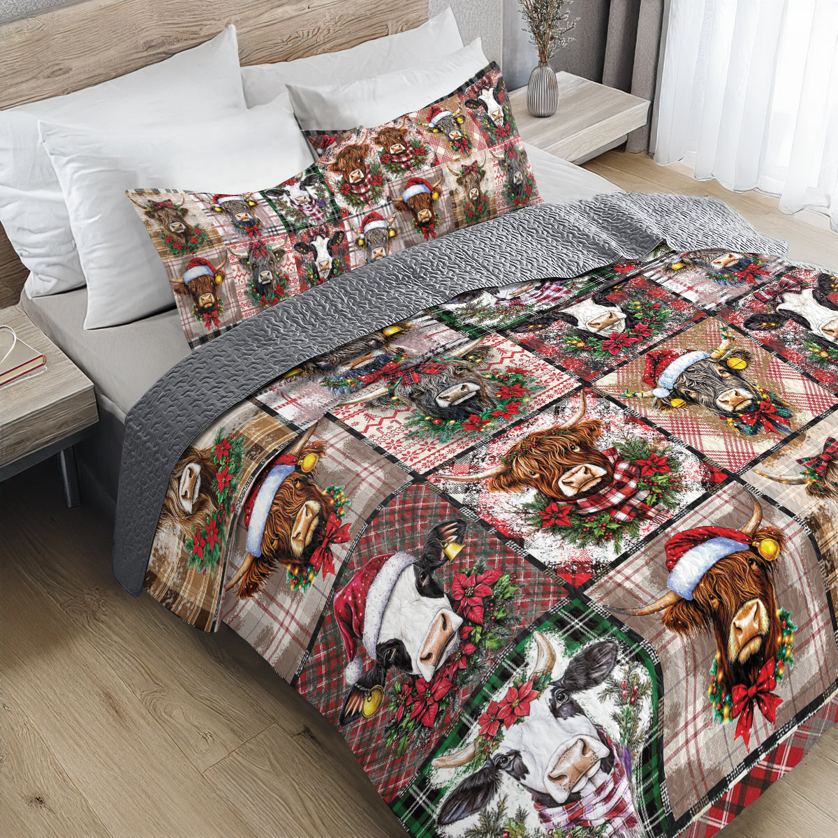 Shineful All Season Quilt 3-teiliges Set – Merry Cattle Christmas Quilt