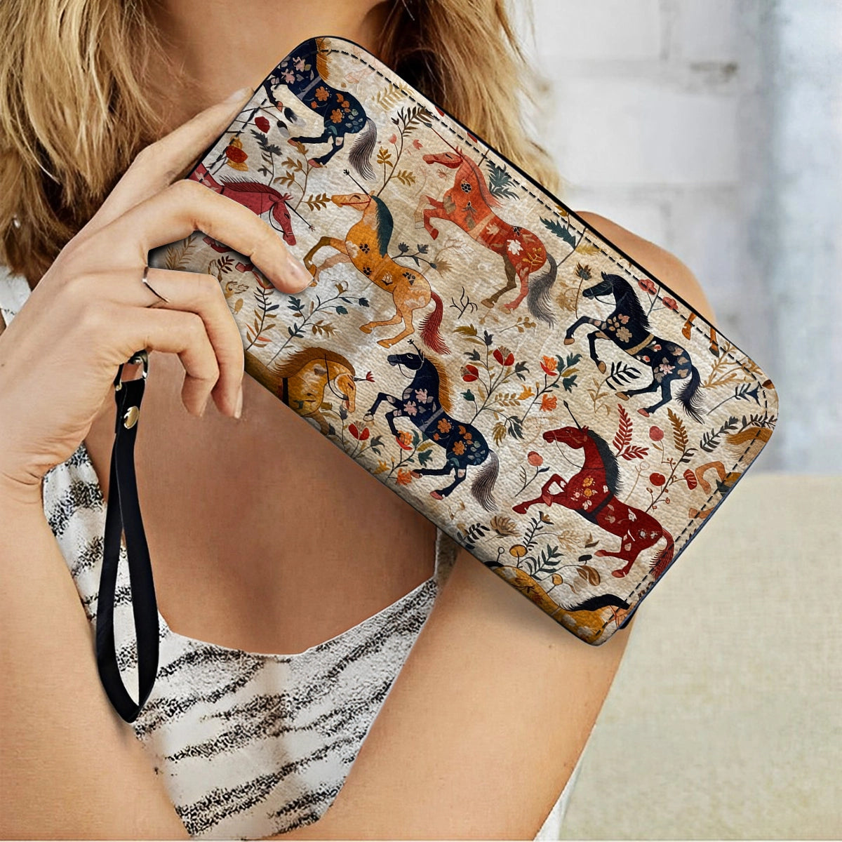 Shineful Leather Clutch Purse With Wristlet Strap Handle Wild Gallop