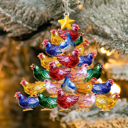 Ornement acrylique 2D brillant pour sapin de Noël en forme de poulet joyeux