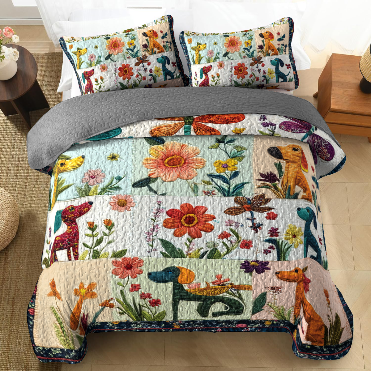 Shineful All Season Quilt 3-Piece Set - Springtime Dachshund & Blooms