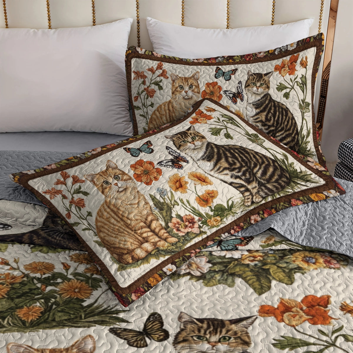 Shineful All Season Quilt 3-Piece Set Cat Floral Heaven