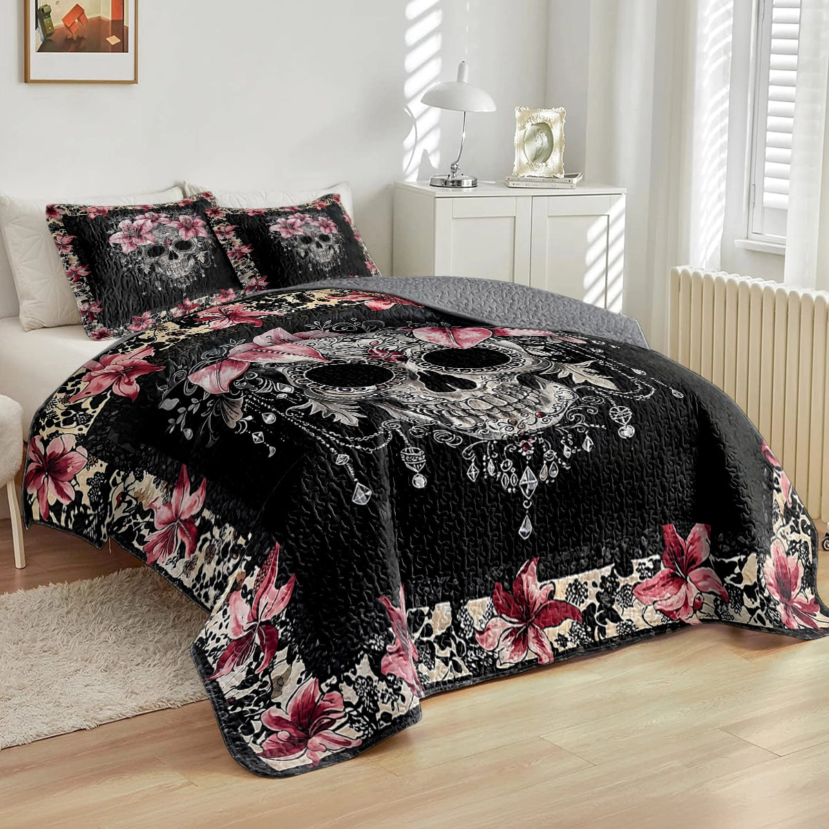 Shineful All Season Quilt 3-Piece Set - Beautiful Sugar Skull With Lilies