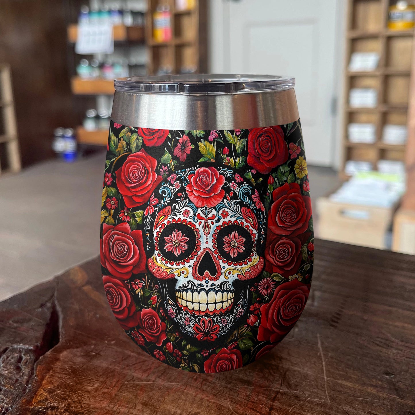 Shineful Wine Tumbler Roses & Sugar Skull Elegance