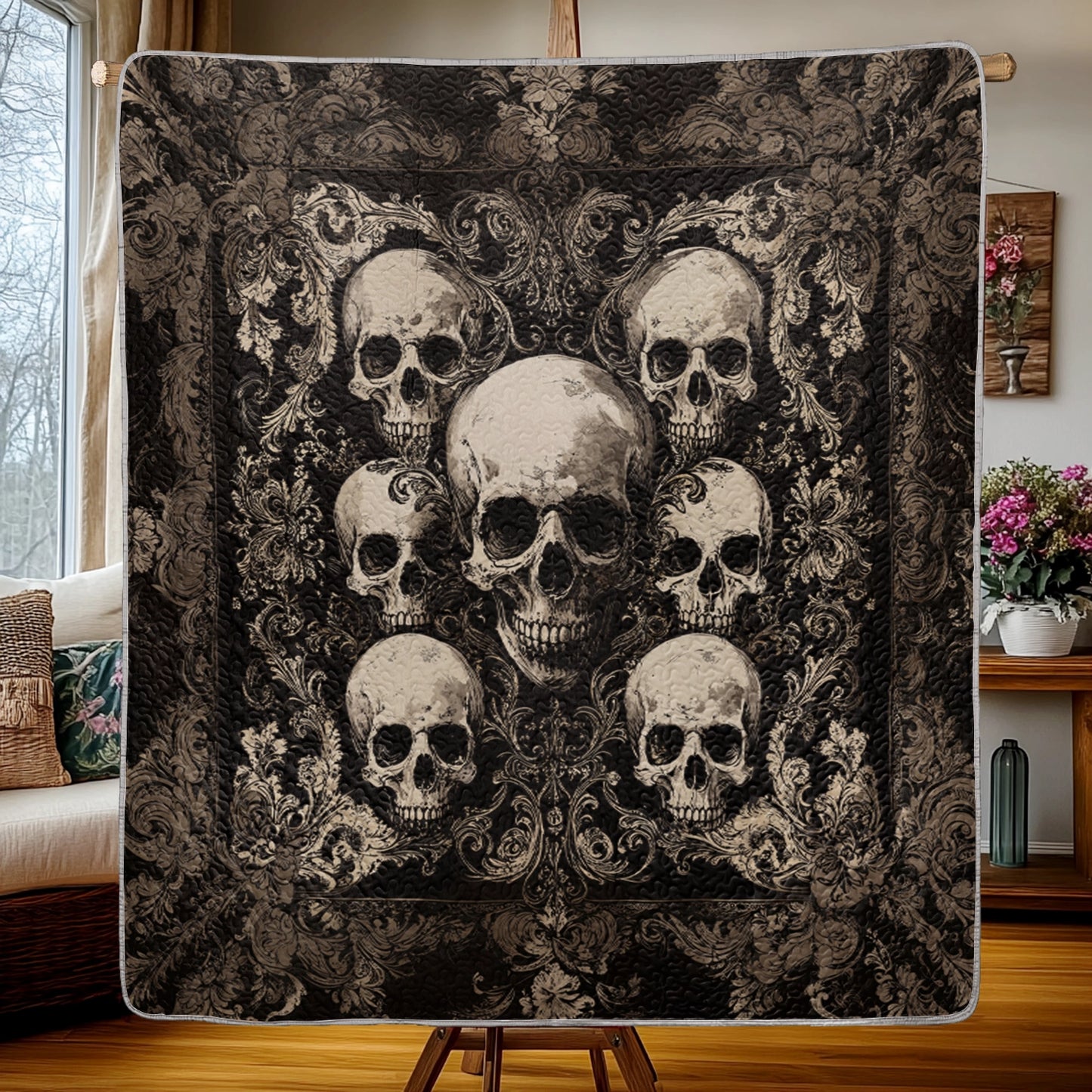 Shineful Flat Print Faux Quilt Blanket -  Gothic Skull Majesty