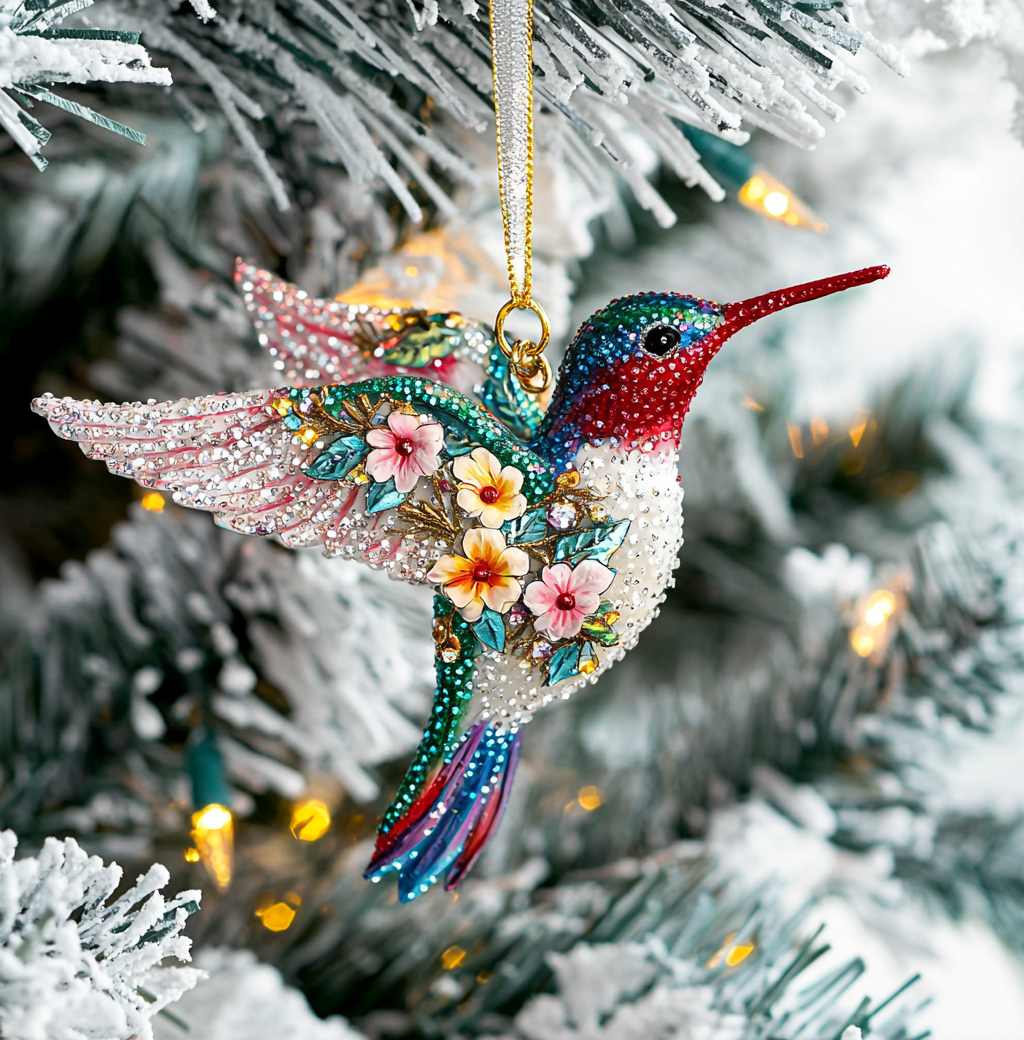 Shineful 2D Acrylic Ornament Twinkling Floral Hummingbird