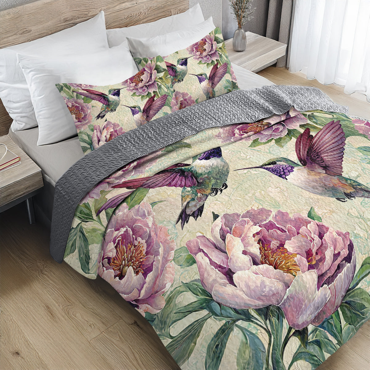 Shineful All Season Quilt 3-Piece Set Peony Hummingbird