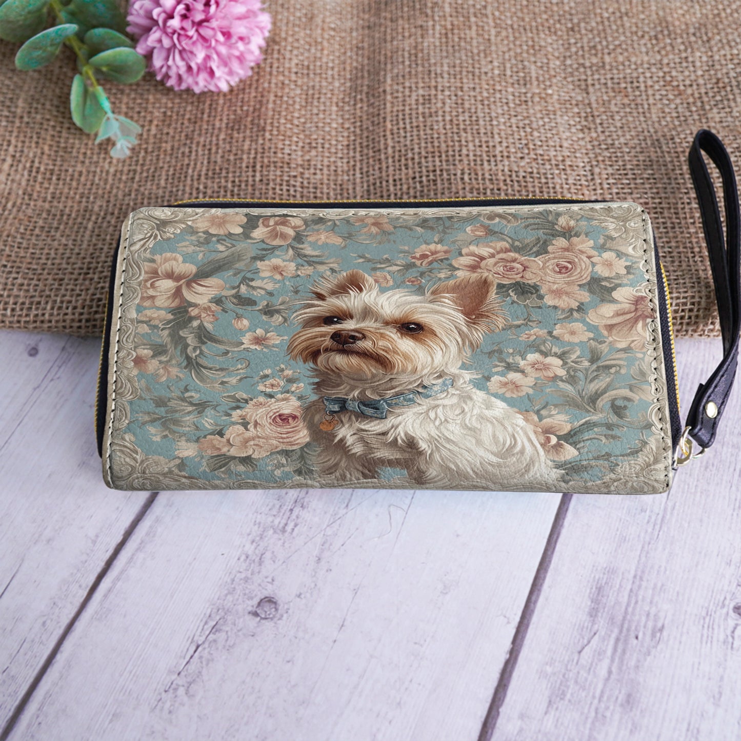 Shineful Leather Clutch Purse With Wristlet Strap Handle Yorkie Elegance