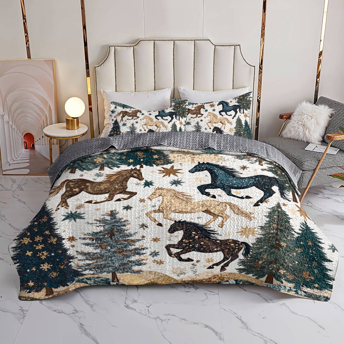 Shineful All Season Quilt 3-Piece Set Charming Horse Christmas Tree