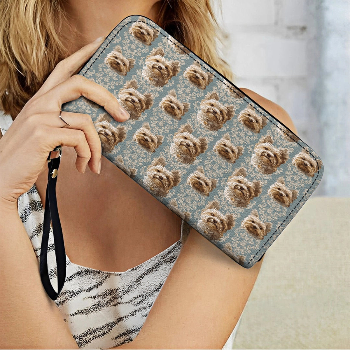 Shineful Leather Clutch Purse With Wristlet Strap Handle Yorkie Regal Delight