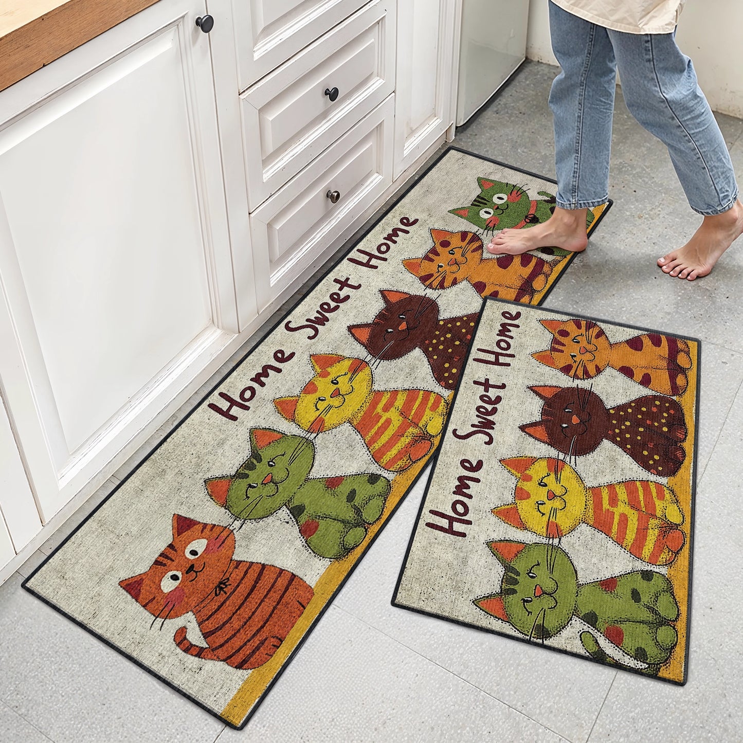 Shineful Ultra-Thin Non Skid Floor Mat, Kitchen Rugs Cozy Cat Crew