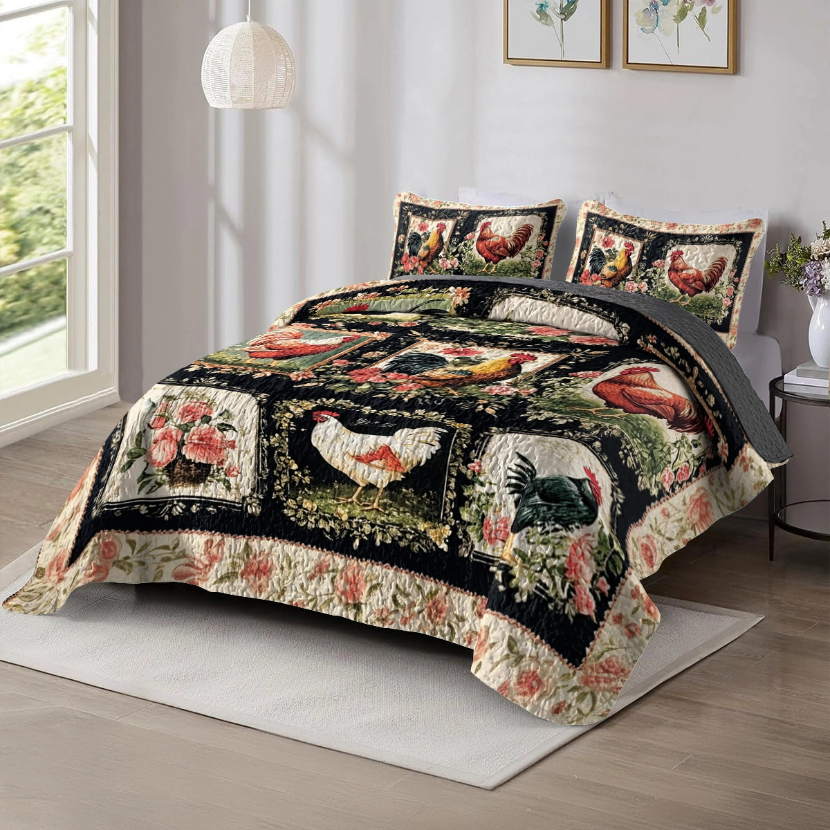 Shineful All Season Quilt 3-Piece Set Floral Graceful Chickens