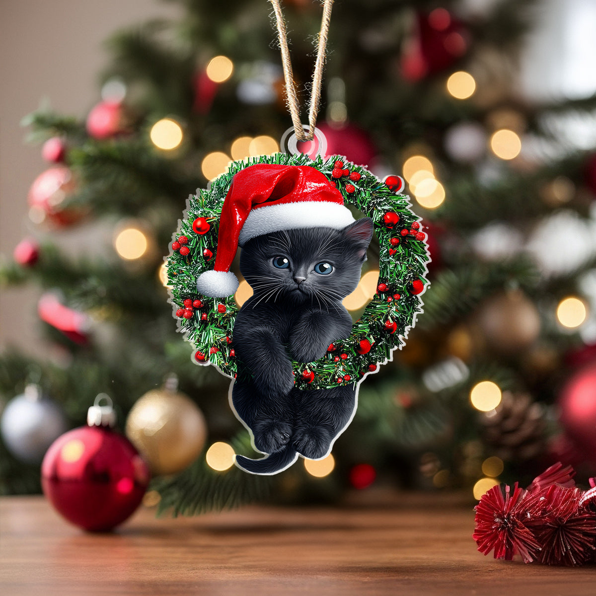 Shineful 2D Acrylic Ornament Naughty Cat With Holly Berry Wreath