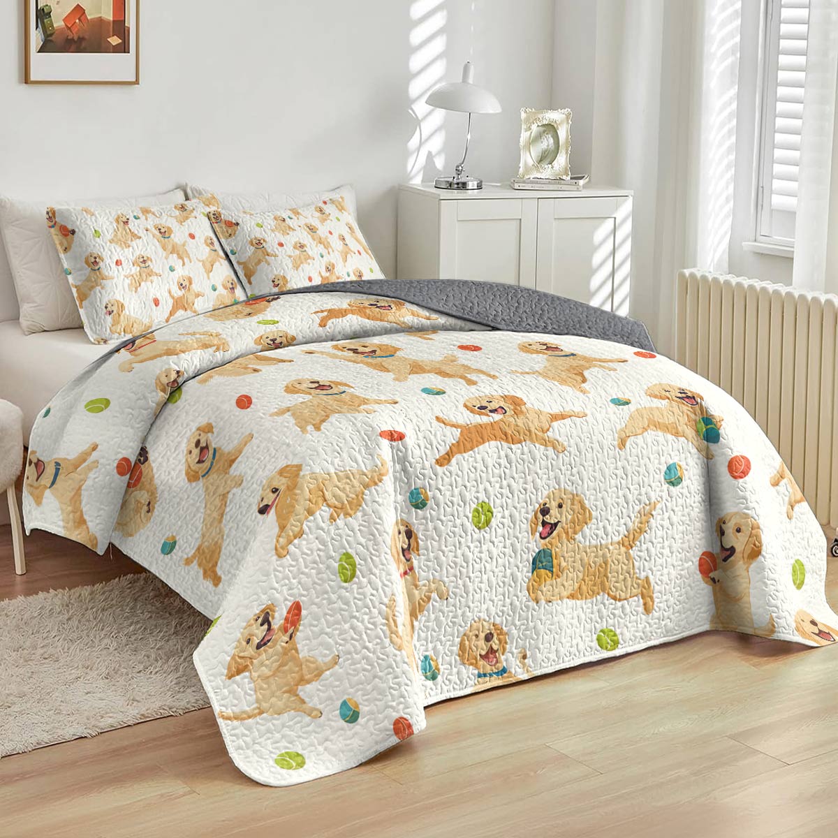 Shineful All Season Quilt 3-Piece Set - Golden Retriever Fetch & Fun