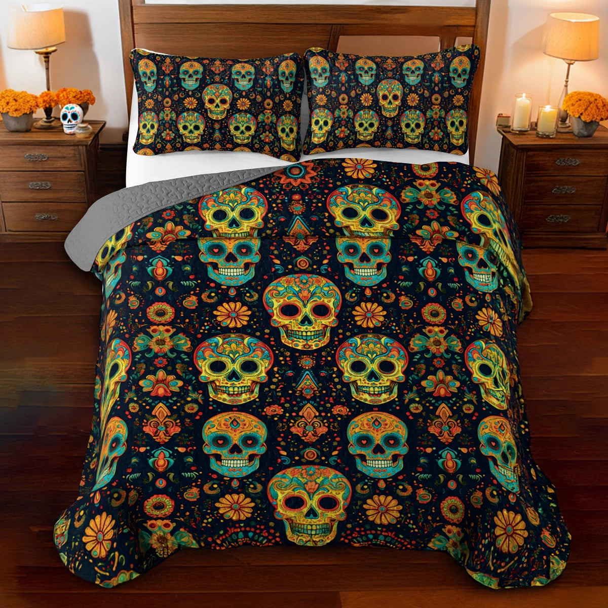 Shineful All Season Quilt 3-Piece Set - Boho Skull Harmony