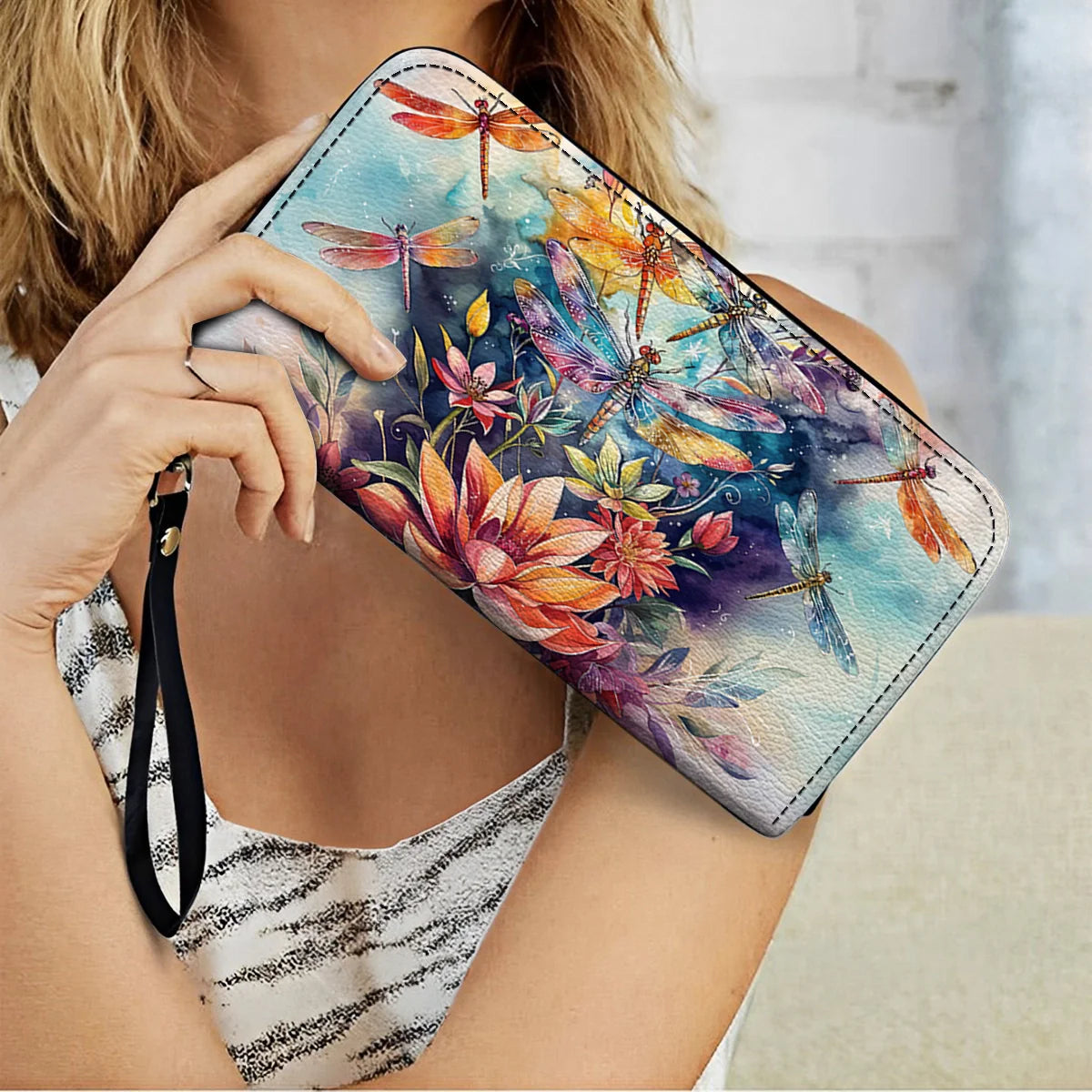 Shineful Leather Clutch Purse With Wristlet Strap Handle Dragonfly Free Flying