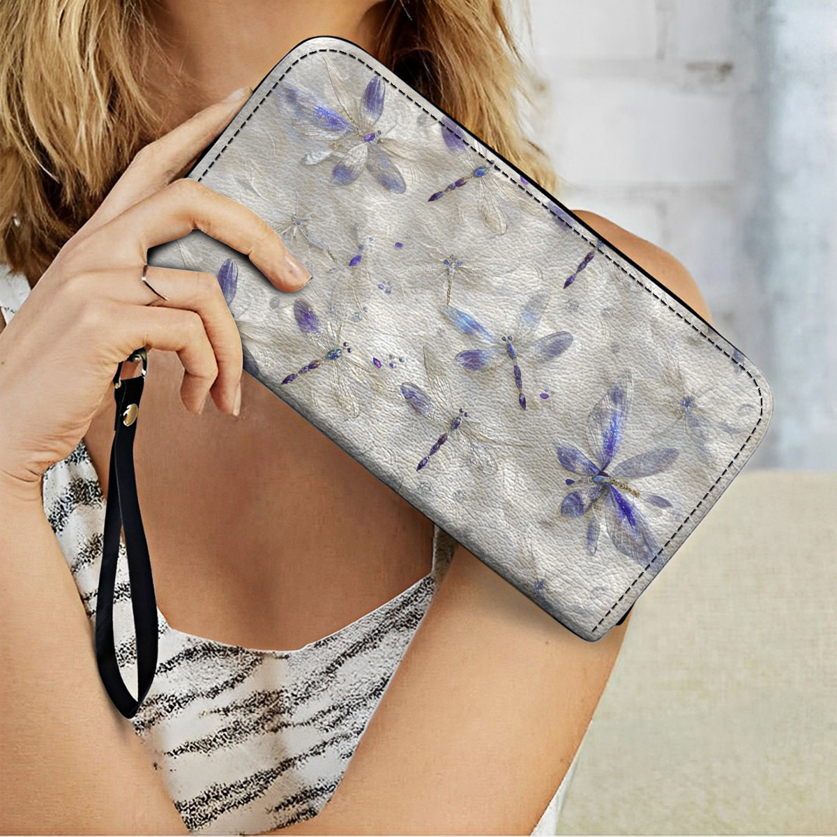 Shineful Leather Clutch Purse With Wristlet Strap Handle Ethereal Dragonfly Elegance