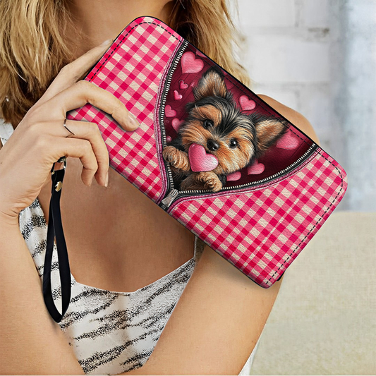 Pochette en cuir brillant avec dragonne Yorkie Sweetheart