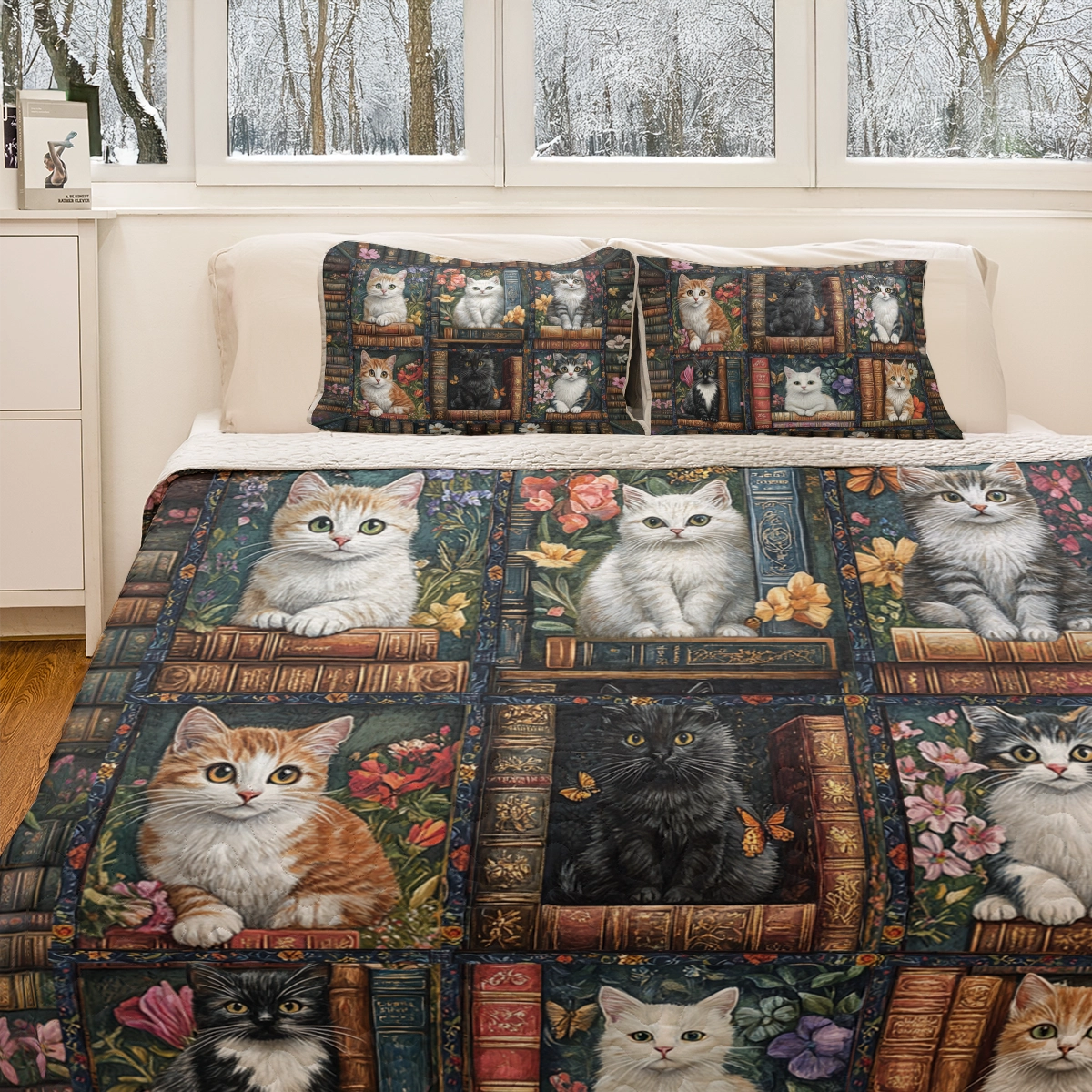 Shineful All Season Quilt 3-Piece Set - Library Cat Dreams