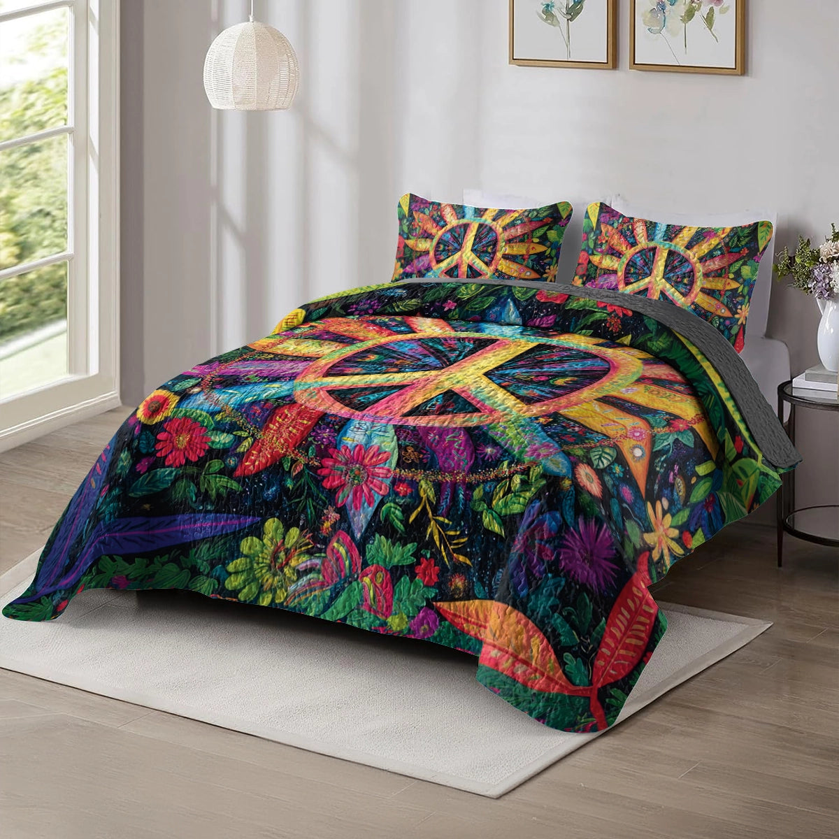 hineful All Season Quilt 3-Piece Floral Peace Sign Paradise