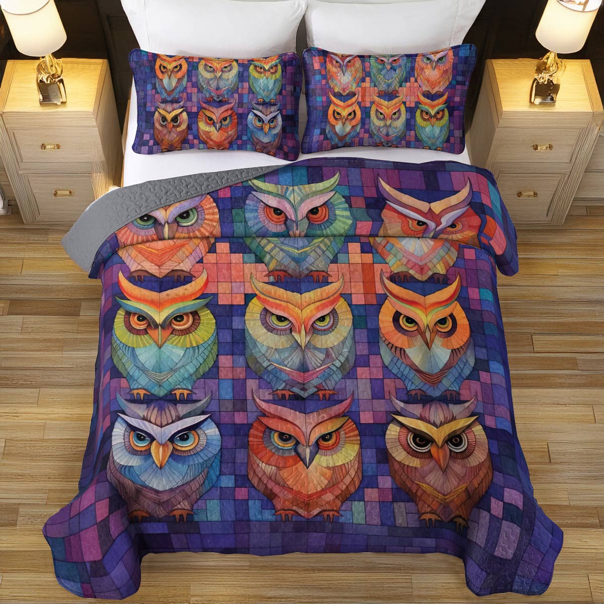 Shineful All Season Quilt 3-Piece Set Owl Patchwork