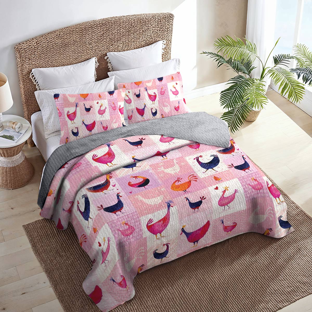 Shineful All Season Quilt 3-Piece Set Pink Chickens