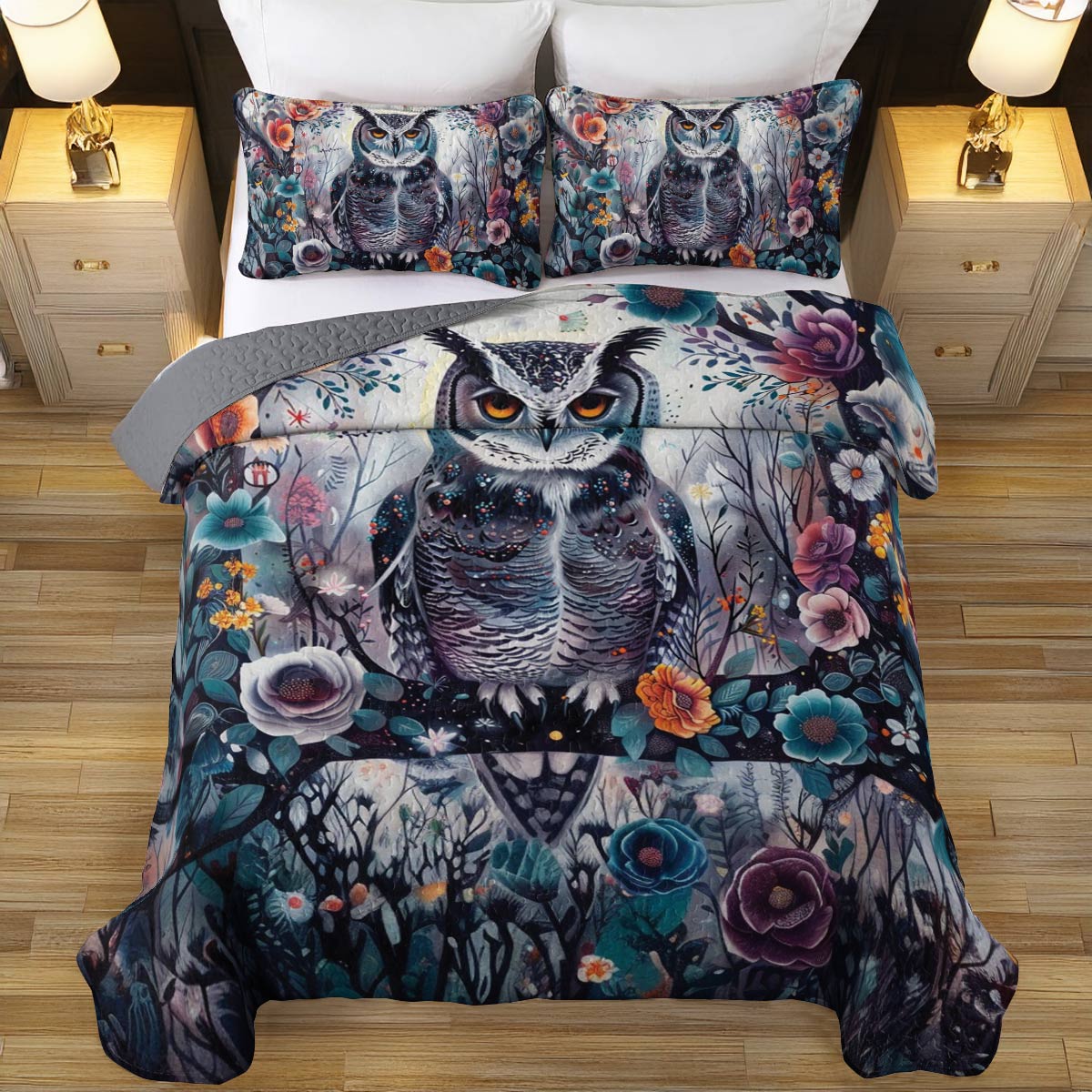 Shineful All Season Quilt 3-Piece Set Floral Owl