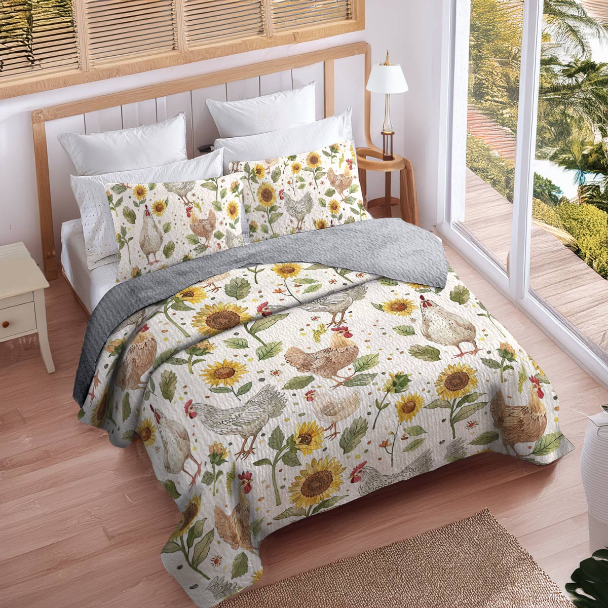 Shineful All Season Quilt 3-Piece Set Sunflower Chickens