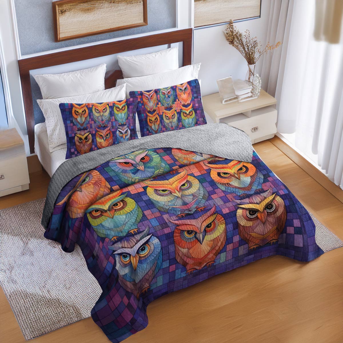 Shineful All Season Quilt 3-Piece Set Owl Patchwork