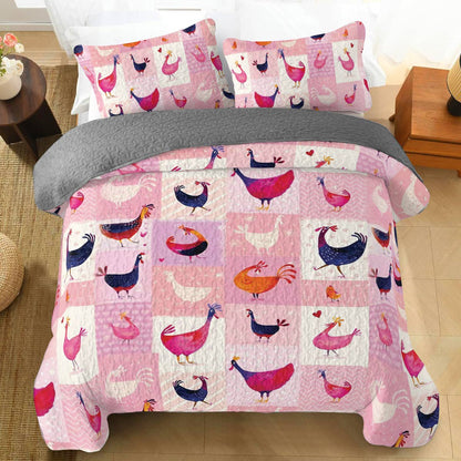 Shineful All Season Quilt 3-Piece Set Pink Chickens