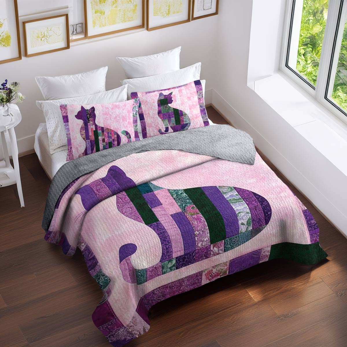 Shineful All Season Quilt 3-Piece Set Purple Cat