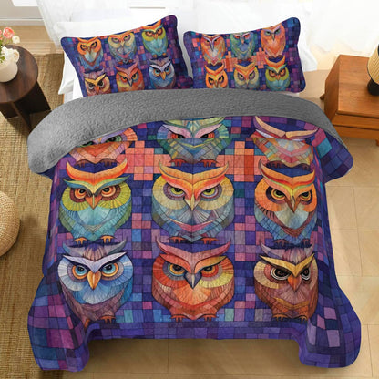 Shineful All Season Quilt 3-Piece Set Owl Patchwork