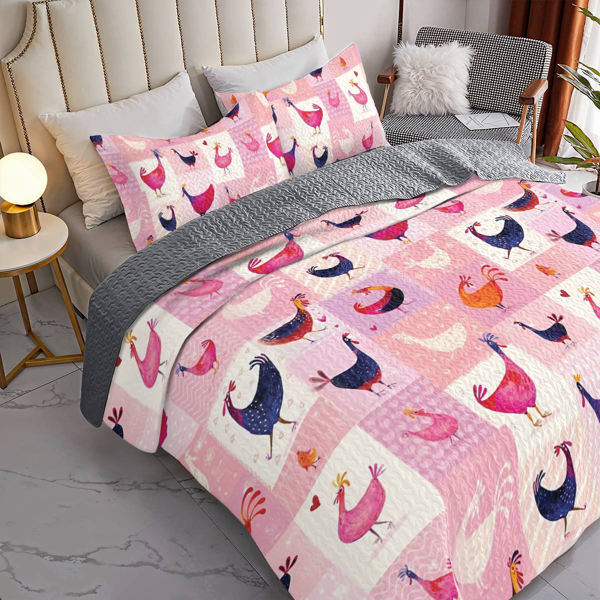 Shineful All Season Quilt 3-Piece Set Pink Chickens