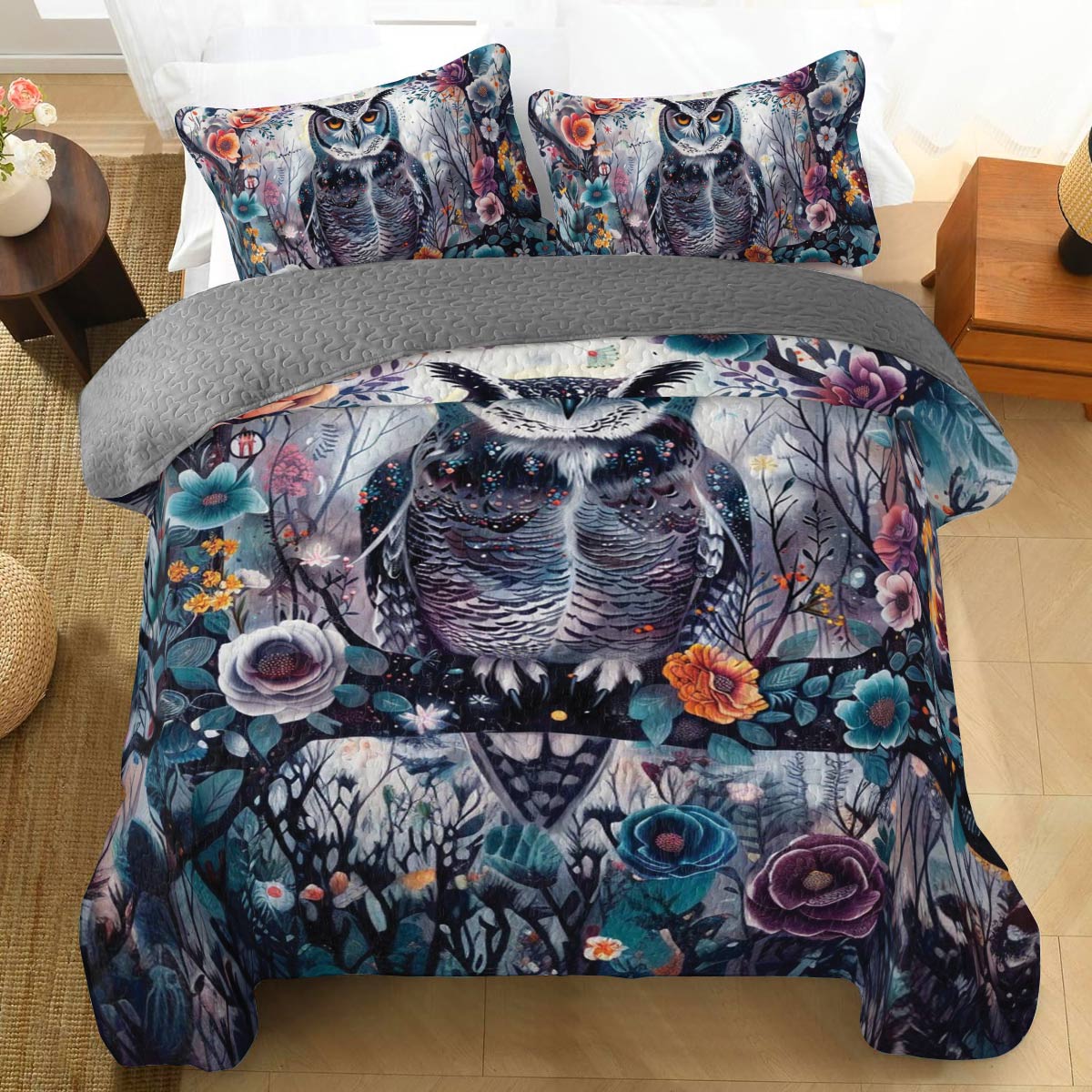 Shineful All Season Quilt 3-Piece Set Floral Owl