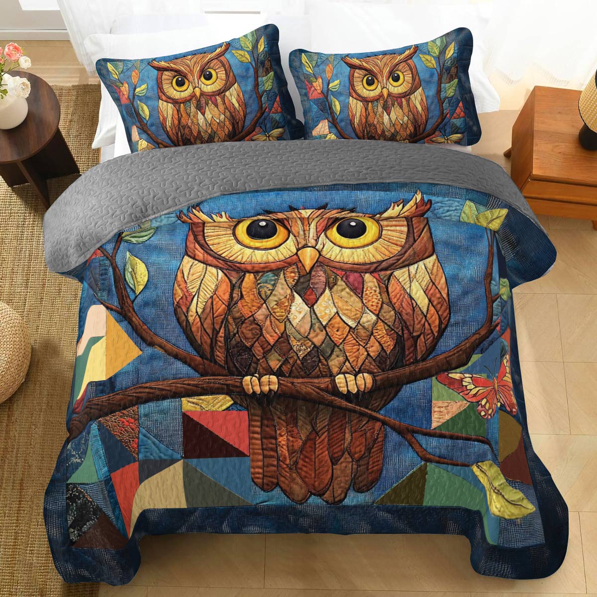 Shineful All Season Quilt 3-Piece Set Colorful Owl