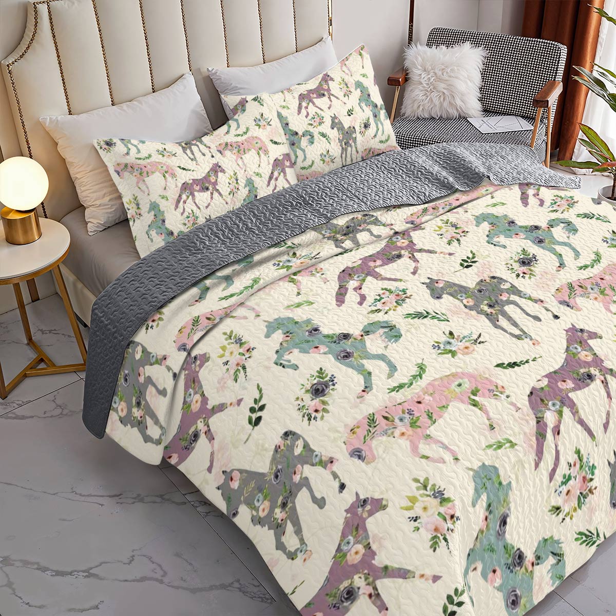 Shineful All Season Quilt 3-Piece Set Floral Horses