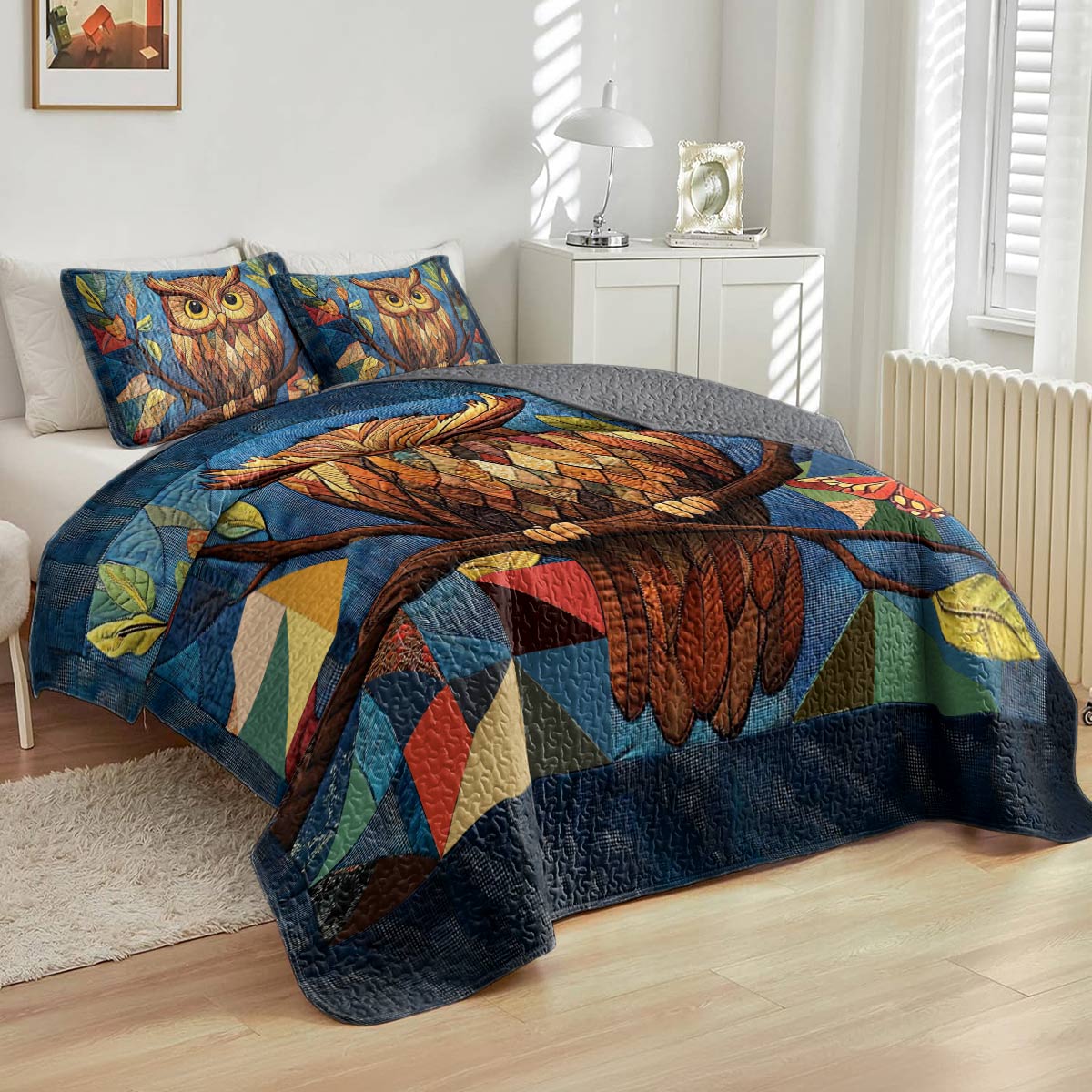 Shineful All Season Quilt 3-Piece Set Colorful Owl