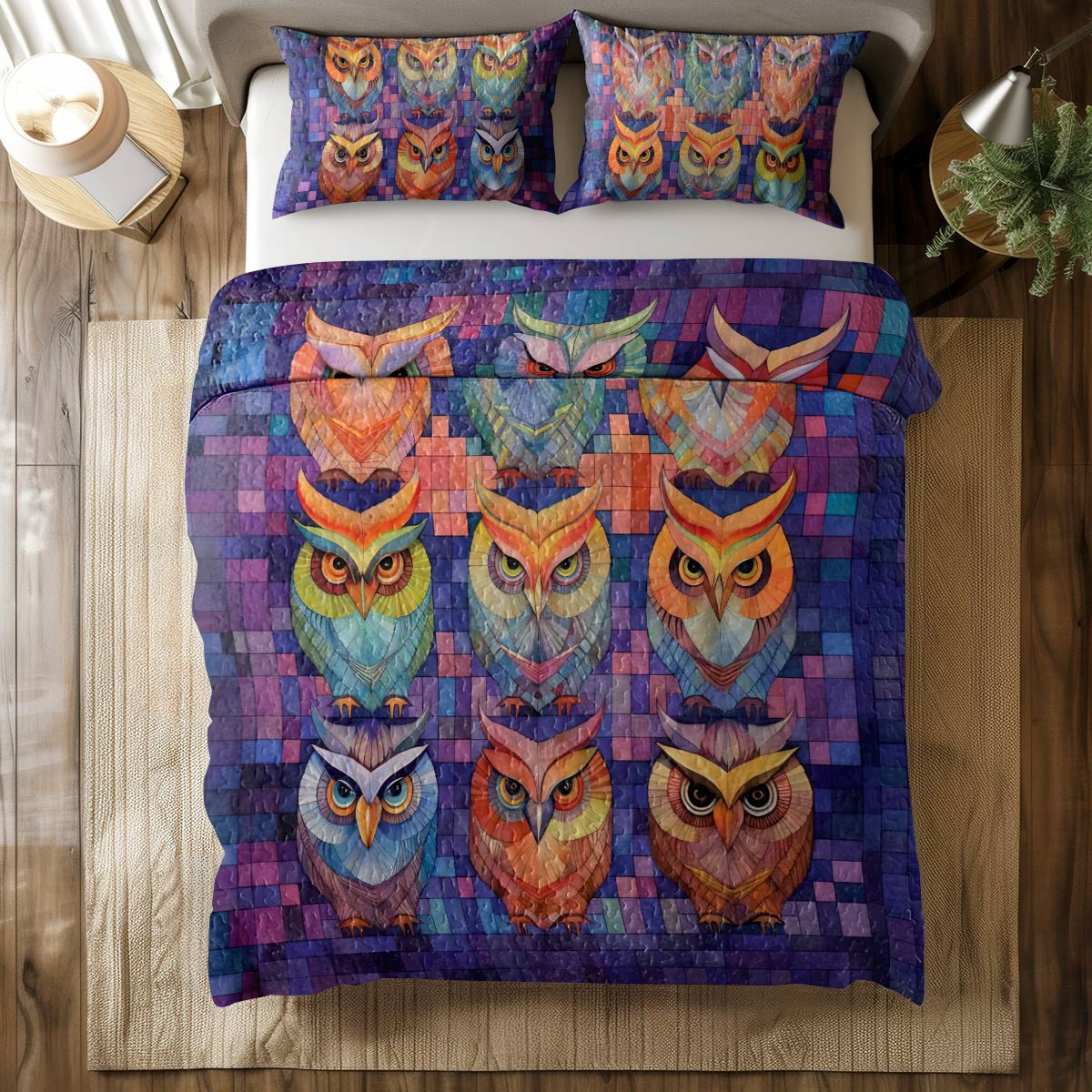 Shineful All Season Quilt 3-Piece Set Owl Patchwork