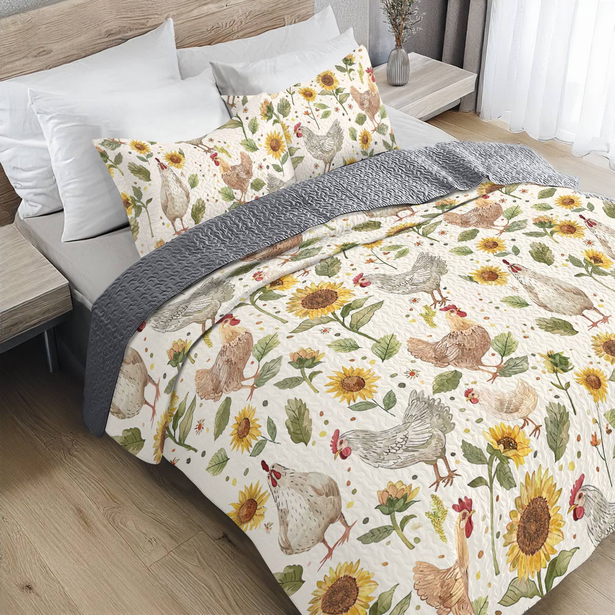 Shineful All Season Quilt 3-Piece Set Sunflower Chickens