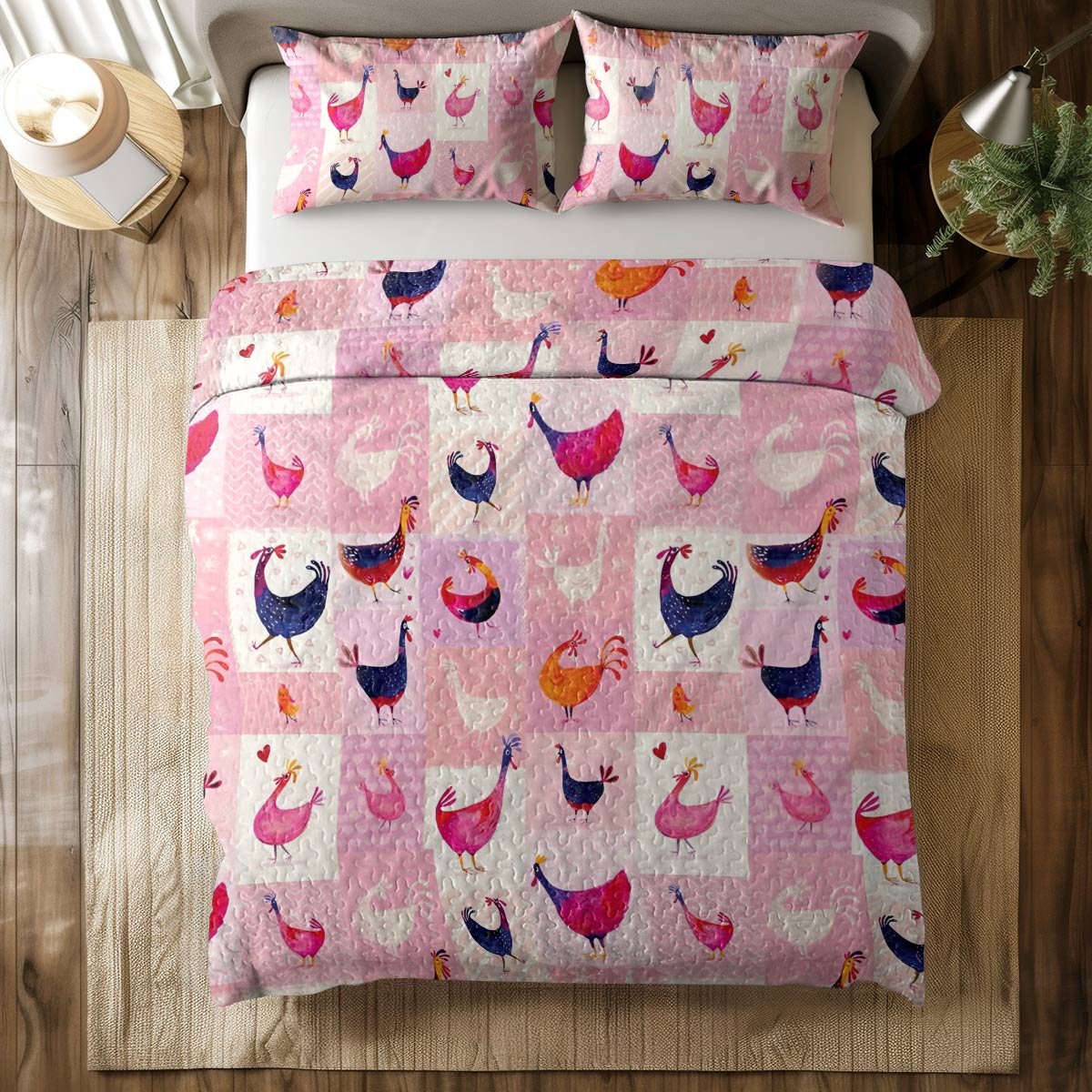 Shineful All Season Quilt 3-Piece Set Pink Chickens