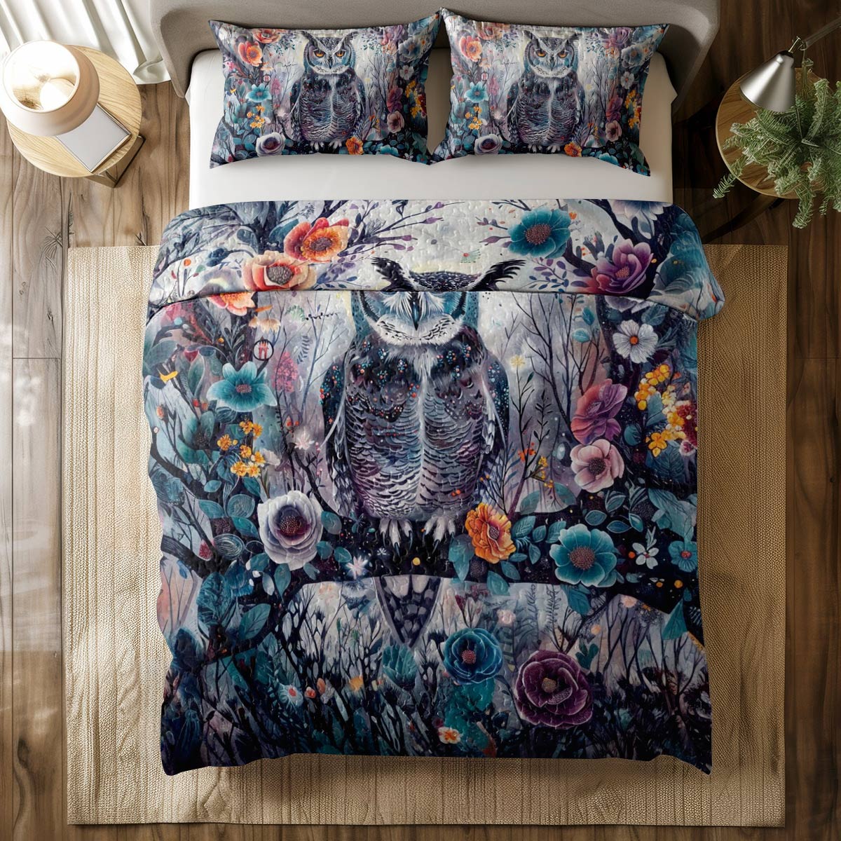 Shineful All Season Quilt 3-Piece Set Floral Owl