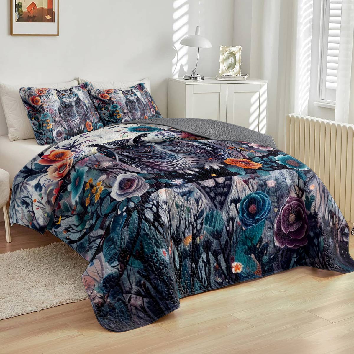 Shineful All Season Quilt 3-Piece Set Floral Owl