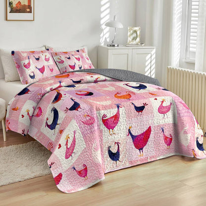 Shineful All Season Quilt 3-Piece Set Pink Chickens