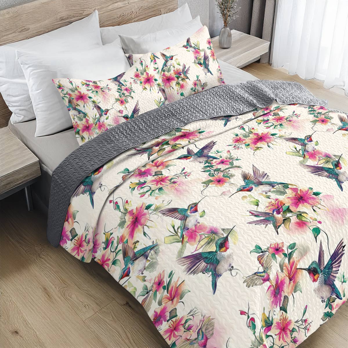 Shineful All Season Quilt 3-Piece Set Floral Hummingbirds