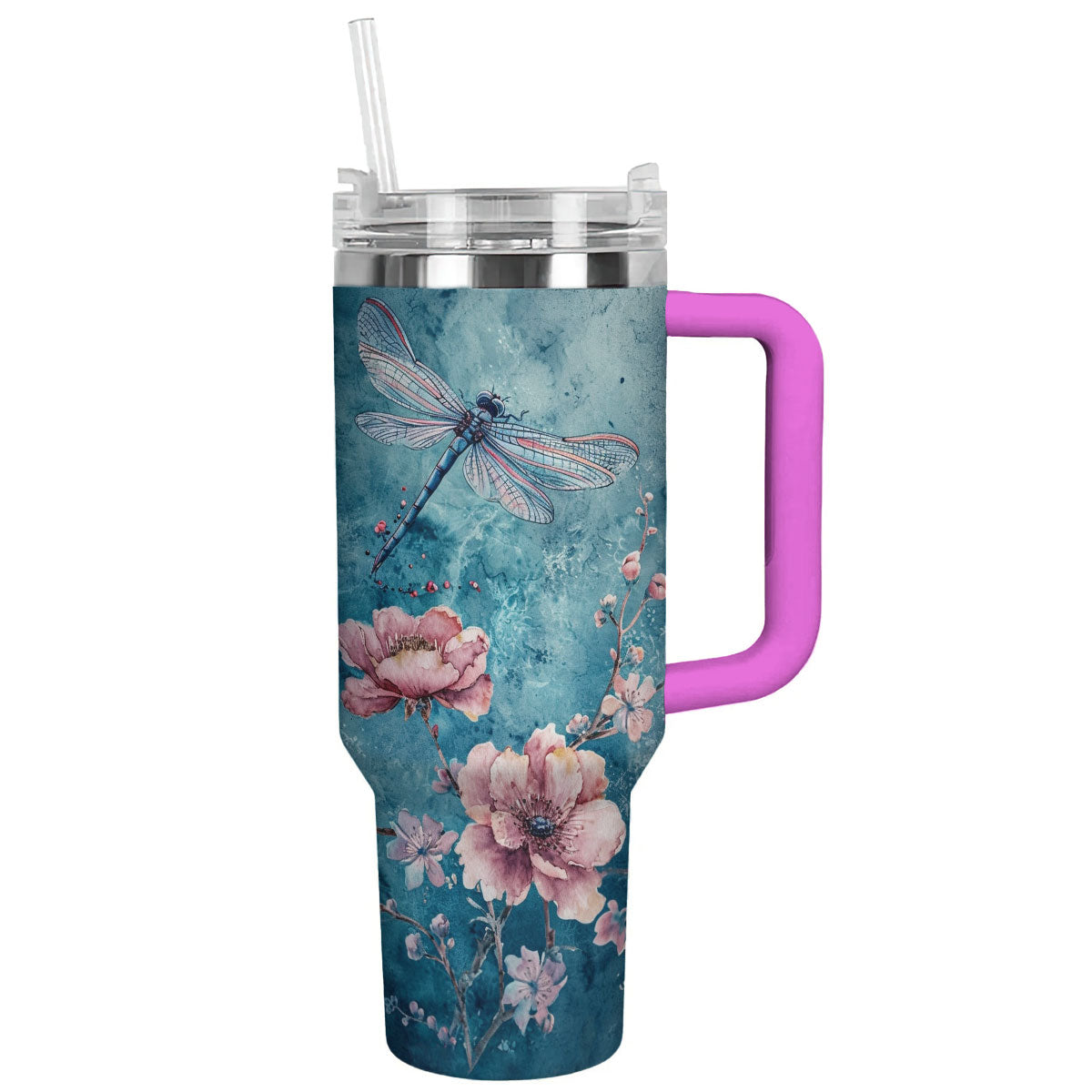 Glänzender Becher mit Blumenmotiv, Libelle